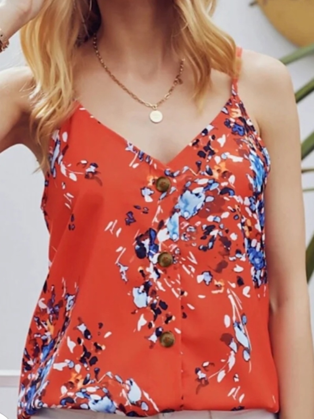 Floral V-Neck Spaghetti Strap Tank Top - Red